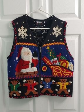 Vintage Christmas Sweater Vest Chunky Knit Cardigan Women's Size Petite L